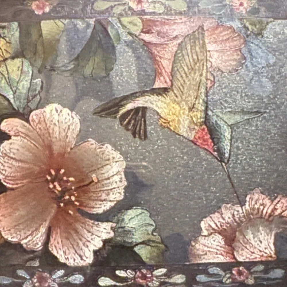 VTG Enesco Glass and Brass Jewelry Trinket Music Box With Floral & Hummingbirds